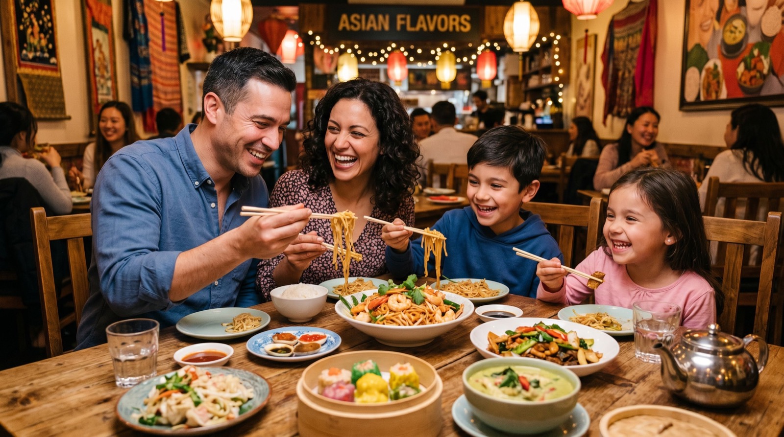 A family with children enjoying dinner at a pan-Asian restaurant